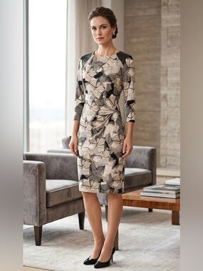 Basler Geometric Print Sheath Dress XS - Faux Leather Shoulder Accent 3/4 Sleeve